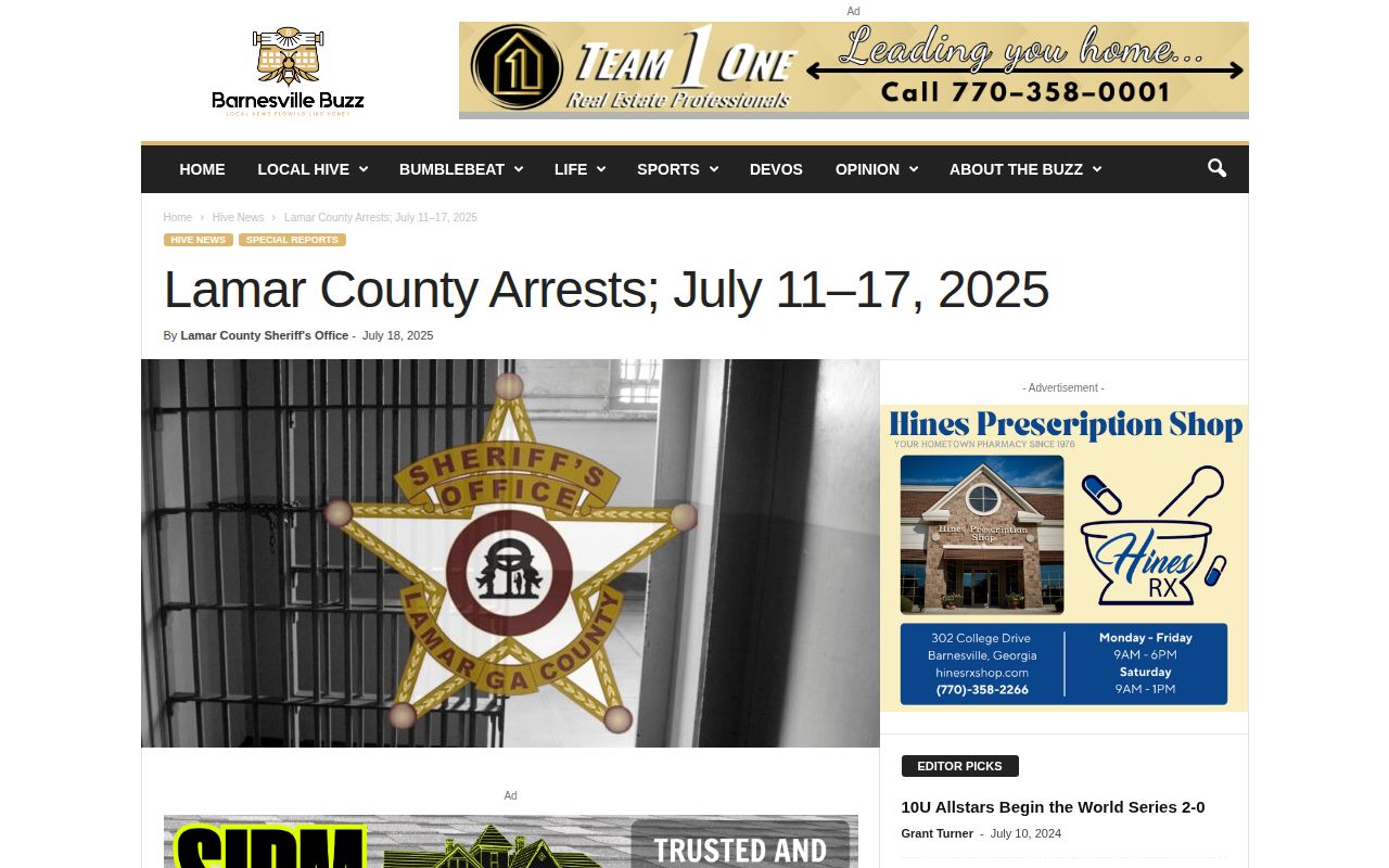 Barnesville Buzz Lamar County arrest report page with sheriff-supplied media coverage